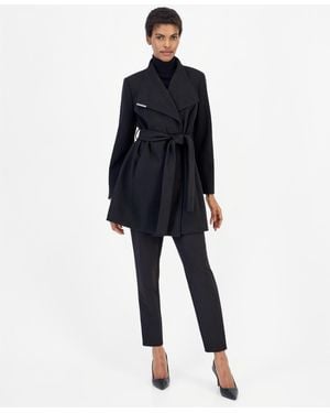 Calvin Klein Wing Collar Belted Wrap Coat - Blue