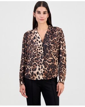 Tahari Printed Split-neck Button-down Blouse - Black
