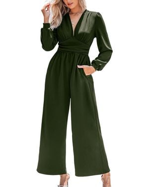 CUPSHE Plunging Long Sleeve Wide Leg Jumpsuit - Green