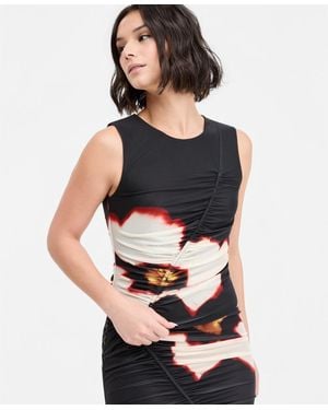 BarIII Plaid Mesh Ruched Tank - Black