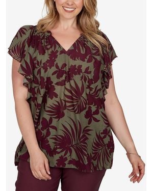 Ruby Rd. Plus Size Tropical Print Gauze Flutter-sleeve Top - Red