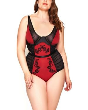 iCollection Plus Size Mesh Rushed Bodysuit Lingerie - Red