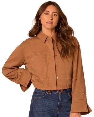 Democracy Petite Button-front Snap Bomber Jacket - Brown