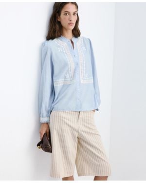 Mango Gathered Details Embroidered Shirt - Blue