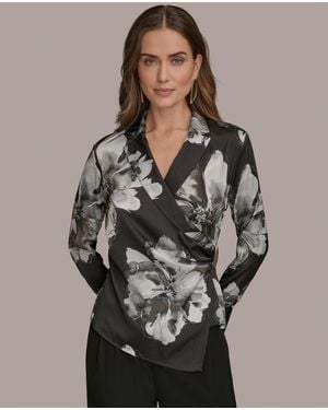 Donna Karan Long-sleeve Printed Shawl-collar Blouse - Gray