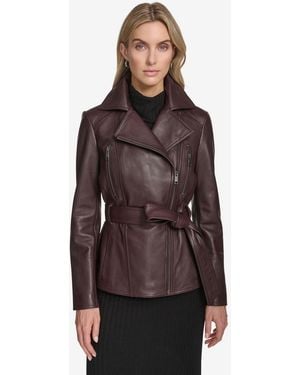 Andrew Marc Violet Belted Moto Leather Jacket - Brown