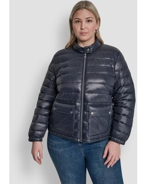 DKNY Plus Size Moto Collar Short Packable Coat - Blue