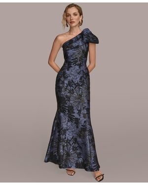 Donna Karan Jacquard Bow-trim One-shoulder Gown - Blue