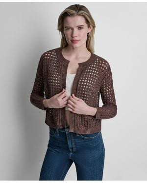 DKNY Open-stitch Drop-shoulder Cardigan Sweater - Brown