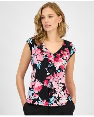 Kasper Printed Ruffle-trim V-neck Top - Black