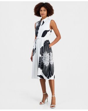 Tahari Sleeveless Belted Fit & Flare Dress - Blue