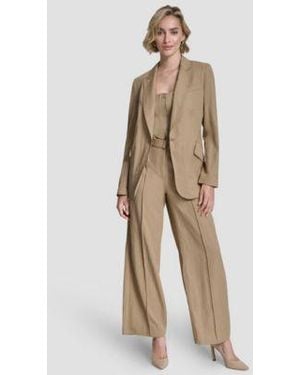 DKNY Long Sleeve Blazer Belted Front Seam Twill Pants Sleeveless Zipper Corset Top - Natural