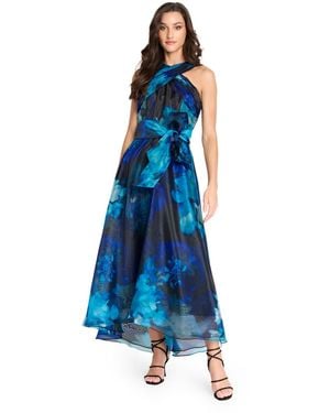 Tahari Printed Organza Cross Neck Midi Dress - Blue