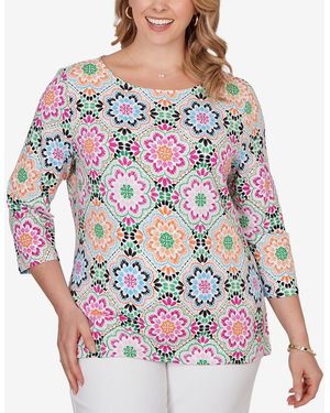 Ruby Rd. Plus Size Kaleidoscope Floral Boat Neck Knit Top - Red