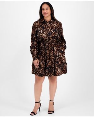 Anne Klein Plus Size Printed Button-front Tie-waist Tiered Dress - Brown