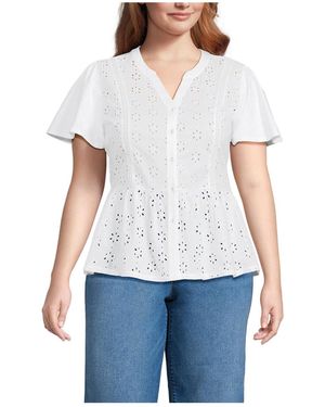 Lands' End Plus Size Short Sleeve Mixed Media Eyelet Top - Blue