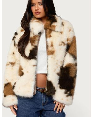 Edikted Rayan Cow Print Faux Fur Jacket - Natural