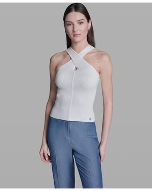 BCBGMAXAZRIA Halter Neck Sleeveless Tank Top - Blue