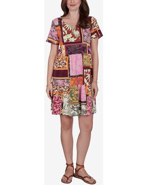 Ruby Rd. Petite Tropical Patchwork Stretch Pocket Dress - Red