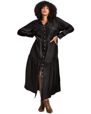 Avenue Plus Size Denim Tiered Shirtdress - Black