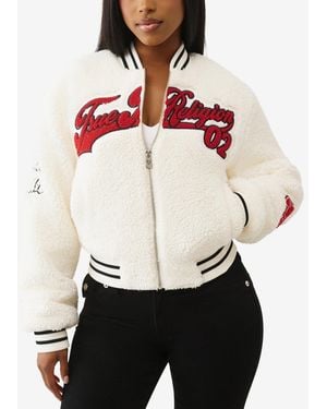 TRUE RELIGION Varsity Chenille Bomber 's Jacket | Winter Coat For With Bold Patches & Snap Buttons - White