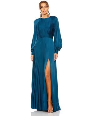 Mac Duggal Pleated High Neck Raglan Long Sleeve Side Slit Gown - Blue