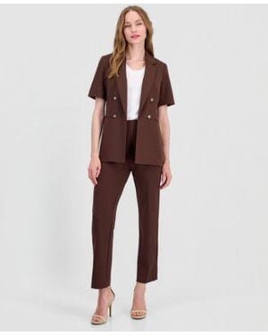 Anne Klein Faux Double Breasted Short Sleeve Jacket Stretch Crepe Hollywood Waist Straight Ankle Pants - Red