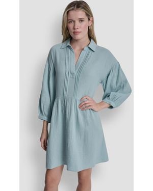 DKNY Henley Pleated Tiered Dress - Blue