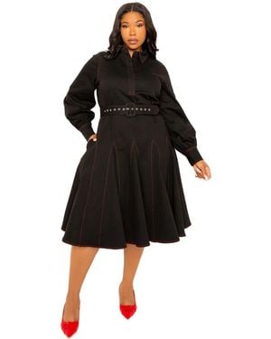Buxom Couture Plus Size Denim Belt Shirt Dress - Black