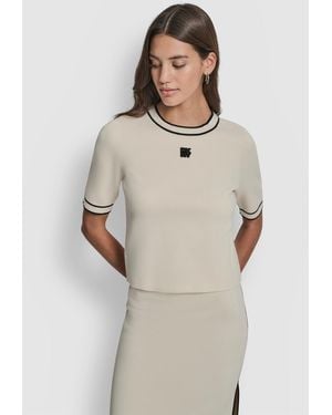 DKNY Cropped Color Block Elbow Sleeves Sweater - Natural