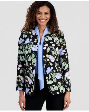 Kasper Printed Floral Collarless Blazer - Blue