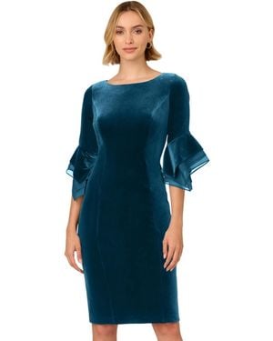 Adrianna Papell Velvet Bell-sleeve Mesh-trim Dress - Blue