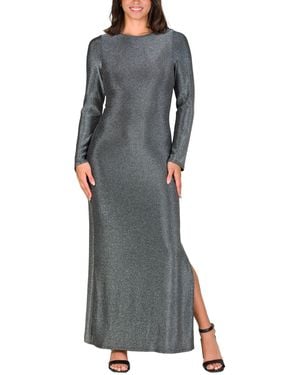 24seven Comfort Apparel Fitted Long Sleeve Shimmery Side Slit Maxi Dress - Gray