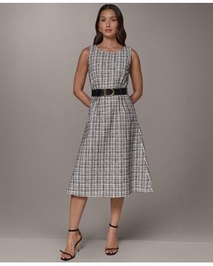 Donna Karan Sleeveless Plaid Tweed Belted A-line Dress - Gray