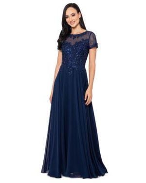 Xscape Boat Neck Sequin Mesh Gown - Blue
