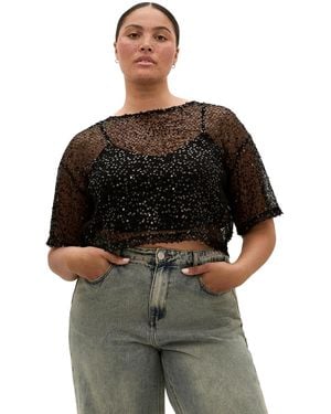 City Chic Plus Size Stardust Sheer-mesh Sequin Crop Top - Black