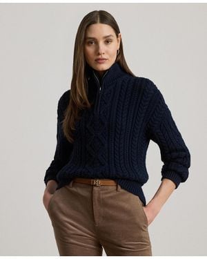 Ralph Lauren Aran-knit Cotton Quarter-zip Pullover - Blue
