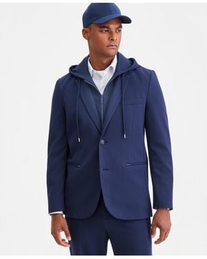 Alfani Textured Knit Regular-fit Hoodie Blazer - Blue