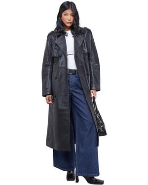 Warehouse Real Leather Belted Trench Coat. - Blue