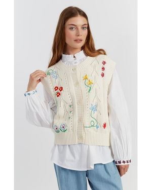 Chinti & Parker Cotton Hand Embroidered Floral Tank - White