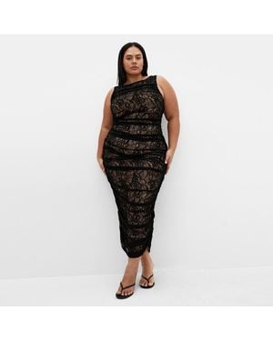City Chic Plus Size Halo Ruched Lace Midi Dress - Black