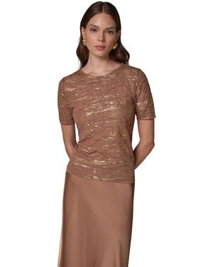 Donna Karan Dk913 Metallic Crewneck Short-sleeve Sweater - Brown