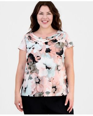 Kasper Plus Size Blurred Floral Cowlneck Top - Natural