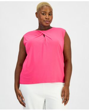 Kasper Plus Size Twist Keyhole-neck Cap-sleeve Knit Top - Pink