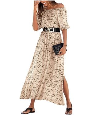 Lascana Printed Off Shoulder Elastic-waist Maxi Dress - Natural