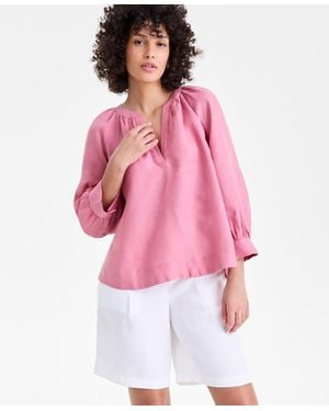 Charter Club 100% Linen Split-neck 3/4-sleeve Blouse - Pink