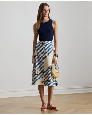 Ralph Lauren Print Button Front Crepe Skirt - Blue