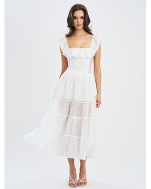 Miss Circle Eden Square Neck Ruffle Trim High Waist Midi Dress - White