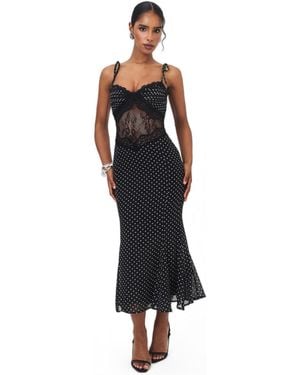 Miss Circle Zehra Polka Dot Chiffon Lace Cutout Mermaid Midi Dress - Black