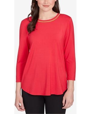 Ruby Rd. Petite Embellished Scoop Neck Solid Knit Top - Red